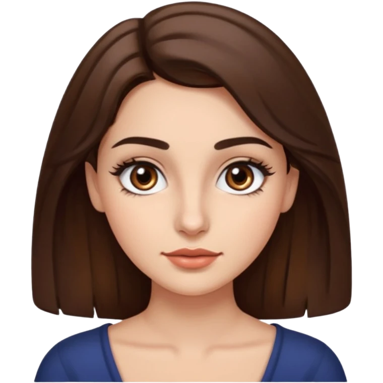 uma mulher com cabelo curto, castanho, levemente ondulados e um pouco abaixo do ombro, sobrancelhas grossas e cílios grandes. Cor da pele é branca e olhos castanhos e um pequeno sinal na bochecha direita.  emoji