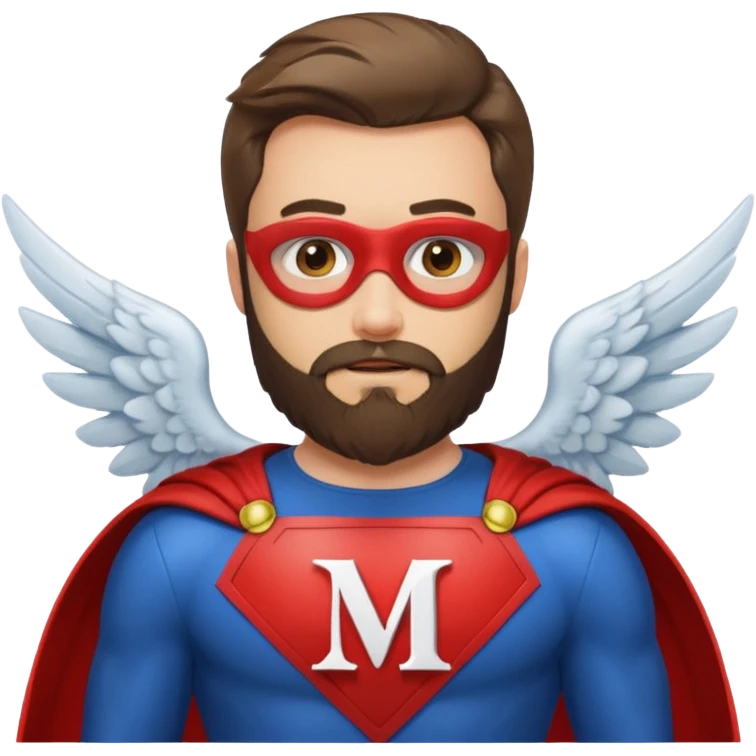 набор стандартных смайликов бородатый мужчина в костюме супер героя с буквой М  на груди ангел  emoji