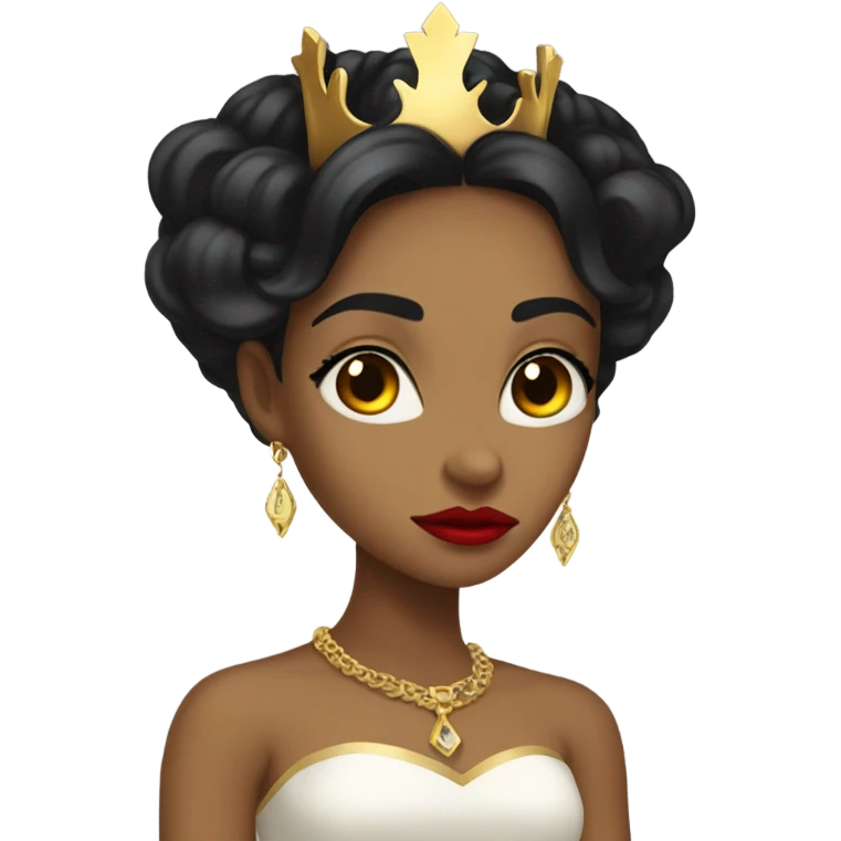 Queen with olive skin, long black hair, bright red lips, skinny gold crown, white dress, and evil stare.  emoji