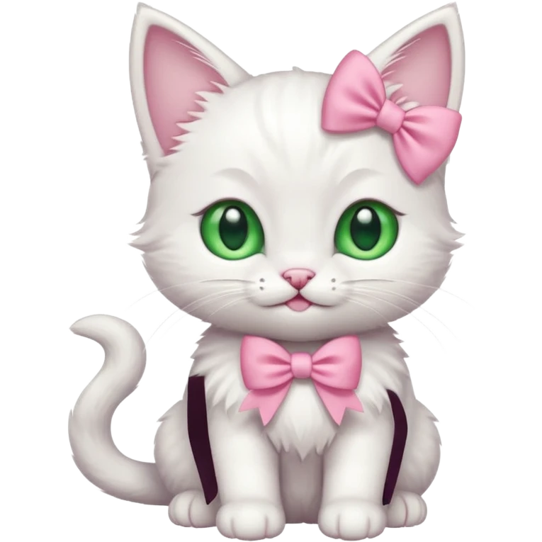 A happy cute fluffy white kitten with green eyes and a pink bow  emoji
