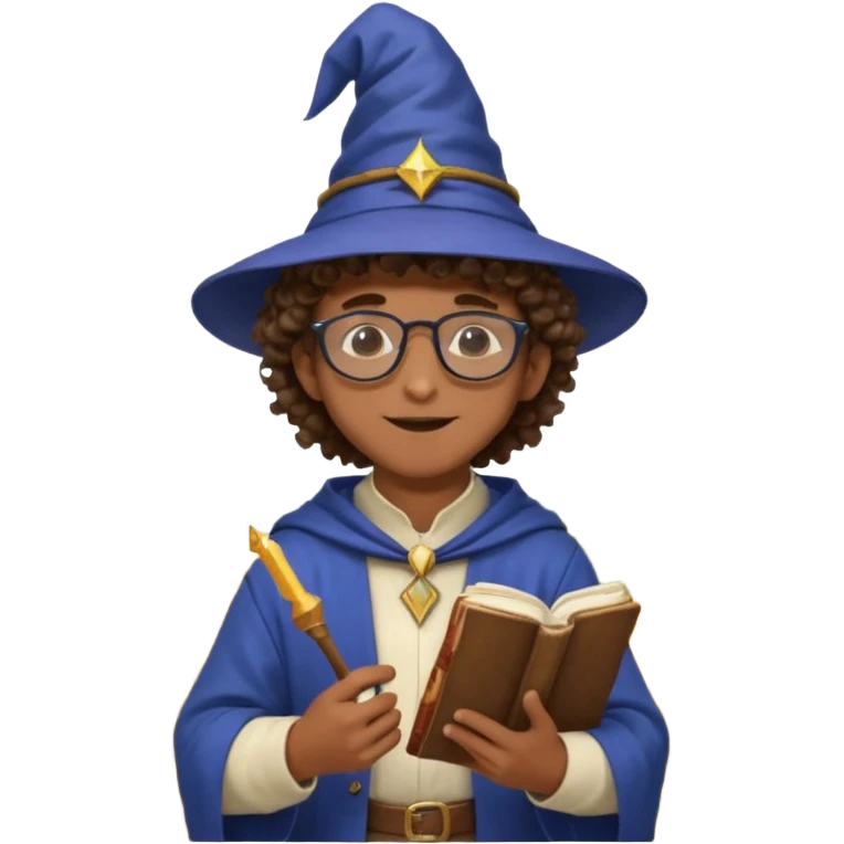 A Joyful Teen Male with Brown skin and Curly hair, wearing a Traditional outfit, a Wizard hat, Sunglasses, carrying a Spellbook, working as a farmer, while drinking Coffee and reading a Textbook. emoji