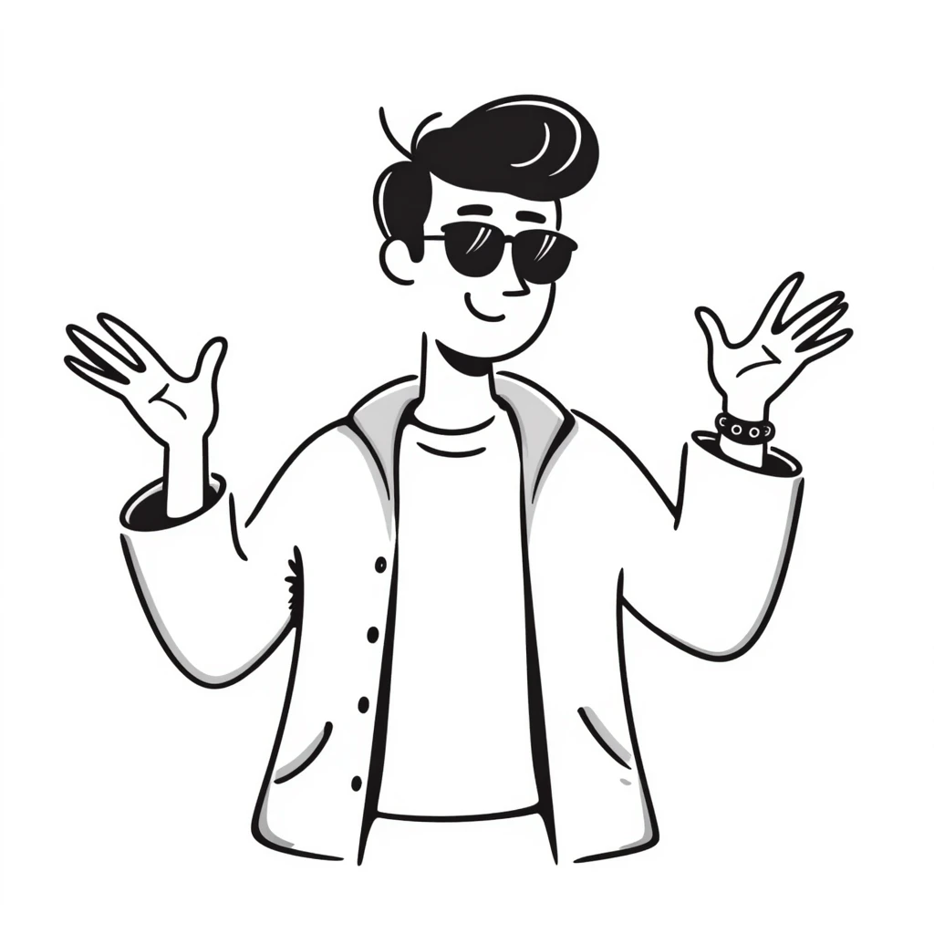 A 30-year-old Latino male with a piercing in one ear, wearing sunglasses, with short David Beckham style haircut, shrugging his shoulders with raised hands in a carefree "whatever, I'm good" gesture. He's smiling confidently while wearing a t-shirt with a light jacket emoji