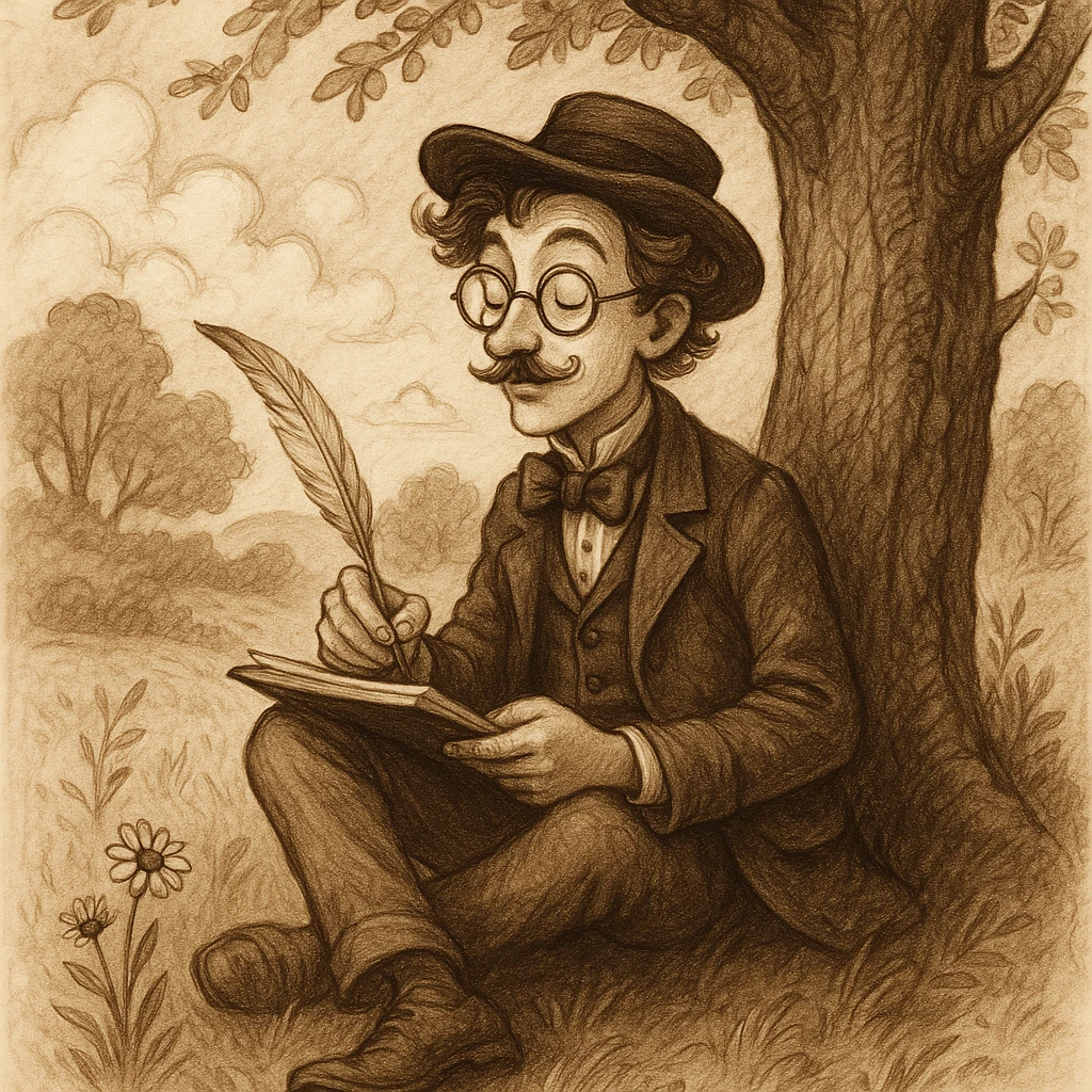 a whimsical poet in vintage attire, with a chapeau and round glasses, sitting under a tree, writing poetry about nature emoji