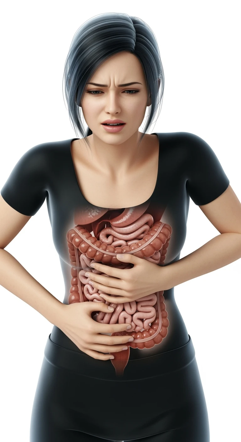 DONNA CON MAL DI PANCIA E INTESTINO UMANO ANATOMICO VISIBILE, IPERREALISTICO 4K, SFONDO BIANCO emoji