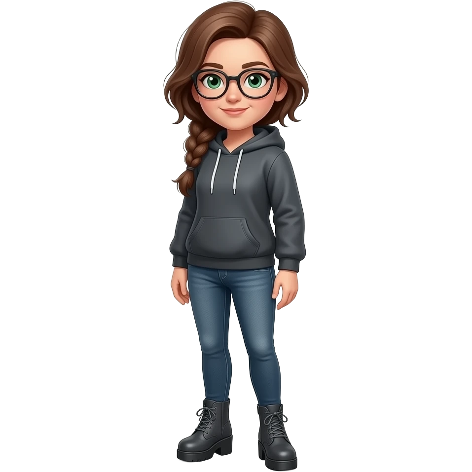 girl in 30s,  brown hair, side part, messy low side braid, green squinty-eyes with glasses very dark grey hoodie, gunmetal gray fitted jeans, charcoal platform wedge boot, standing emoji