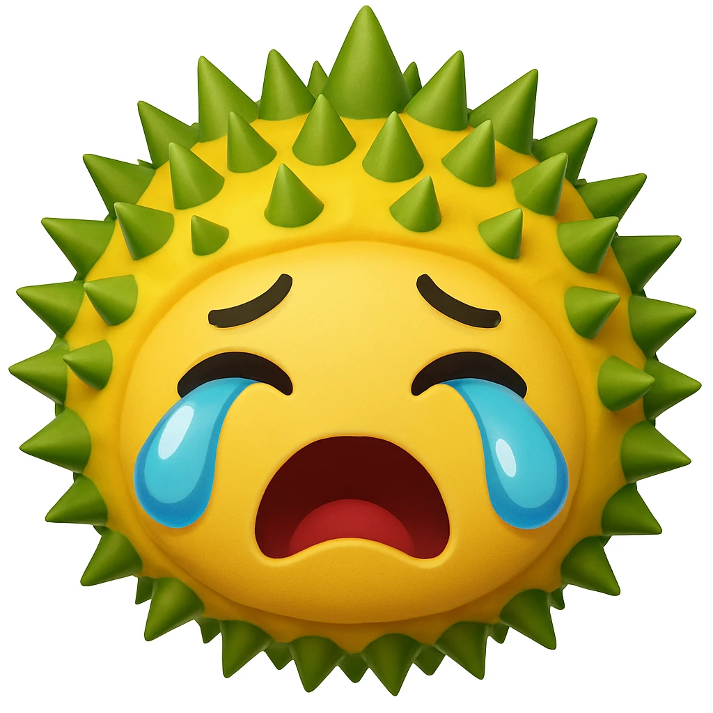 Change the durian character's expression to crying dramatically with big teardrops, keeping all other features the same: round, green spiky shell, yellow flesh, blushing, sparkly eyes. The original style is emoji style, so maintain the emoji look and feel in the edit. emoji