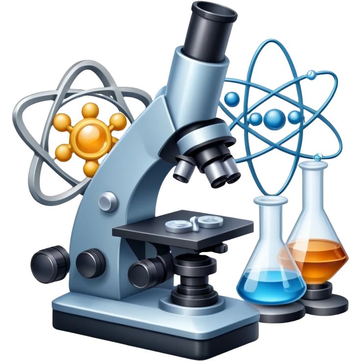 An icon featuring a microscope, a metal sample, and atomic structure symbols, symbolizing materials science. The design includes crystal lattices, polymers, and lab tools, representing the study of material properties and engineering. Transparent background highlights scientific analysis. emoji