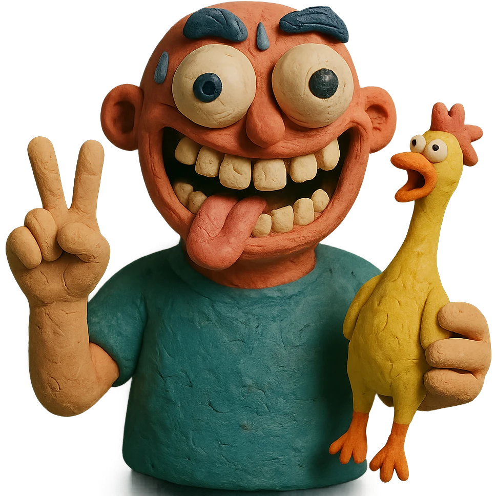 bulging eyes, unhinged grin, too many teeth, one eyeball twitching, tongue out sideways, sweating, glitching, peace sign, holding cursed rubber chicken emoji