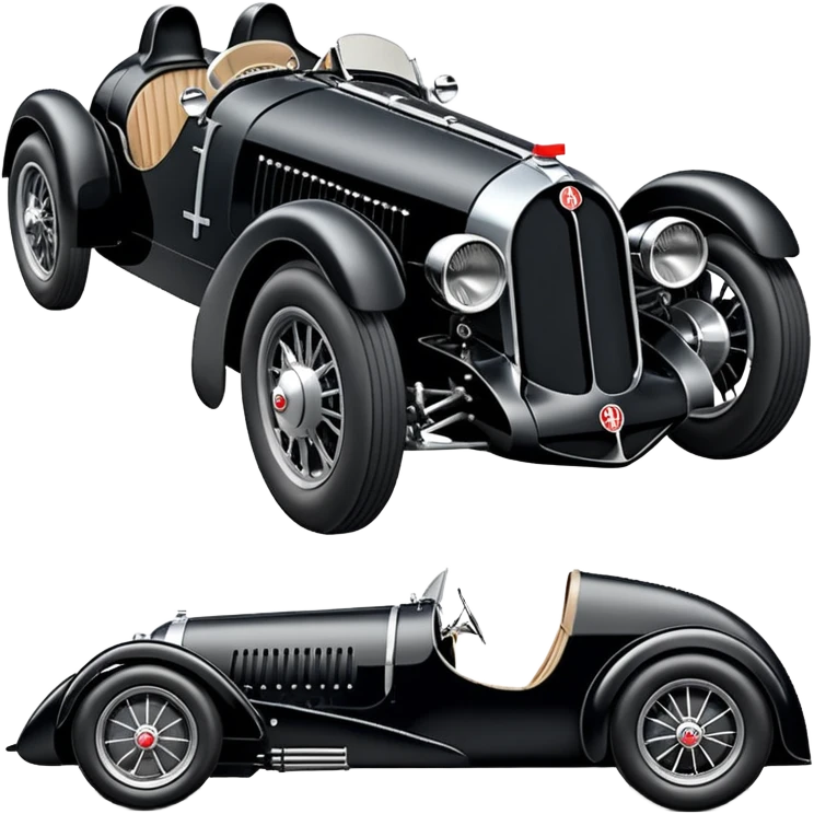  Darth Vader Fenderless extended-wheelbase 1936 luxury racing Bugatti lowered powerful 4 cylinder engined racing car featuring advanced rugged 4 wheel independent suspension, power steering, disc brakes, small leather covered steering wheel, side mounted exhaust  emoji
