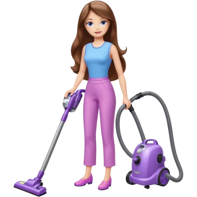 beautiful barbie girl with long brown hair, blue eyes and wearing light purple clothes, cleaning and vacuuming emoji