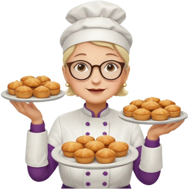 Older female pastry chef – round glasses, oven mitts on, holding a tray of pastries.

 emoji