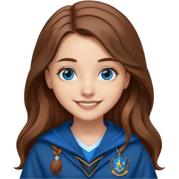 gorgeous Girl with light skin, blue eyes, long brown hair, wears a ravenclaw outfit emoji