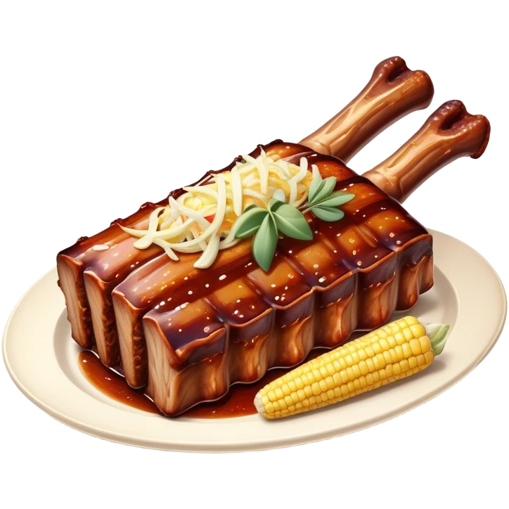 Cinematic Realistic Barbeque Ribs Dish Emoji, depicted as succulent, slow-cooked ribs with a sticky smoky glaze rendered with rich textures and dynamic, appetizing lighting. emoji
