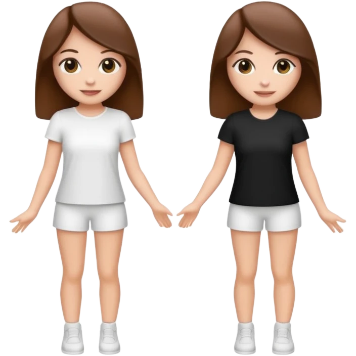 👯‍♀️ generate this emoji, as two white girls, bffs, the same pose but maybe the outfit cuter. we are models. both with brown hair. one girl in white outfit, the other in black emoji