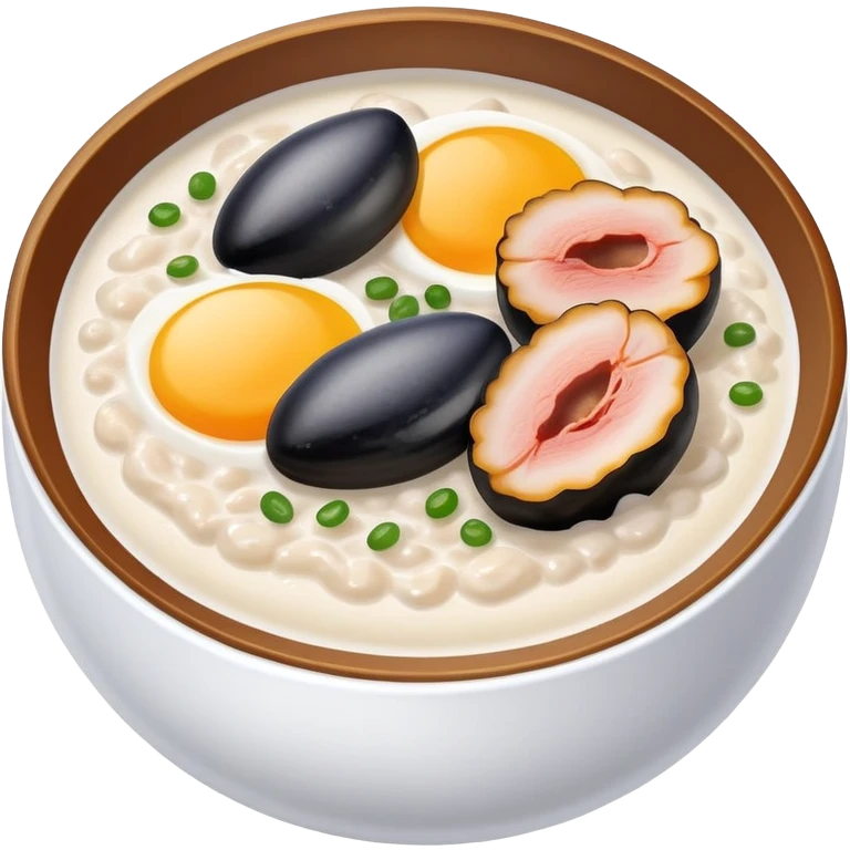 Guangzhou rice porridge congee with century egg and pork, simplified emoji style with bold outlines and bright colors, cartoon style Southern Chinese breakfast bowl emoji