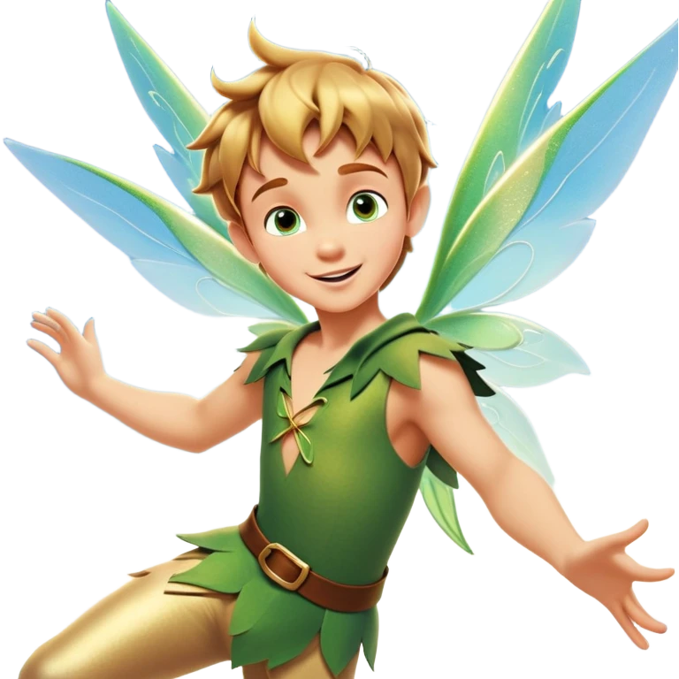 cinematic-realistic-peter-pan-portrait, head tilted dramatically with an exaggeratedly amused expression and sparkling eyes brimming with playful mischief, his iconic outfit rendered in vivid detail with dynamic shadows, soaring through the air. Flying right Next to him is a glowing Tinker Bell, whose delicate wings leave a trail of shimmering pixie dust across a whimsical sky. emoji