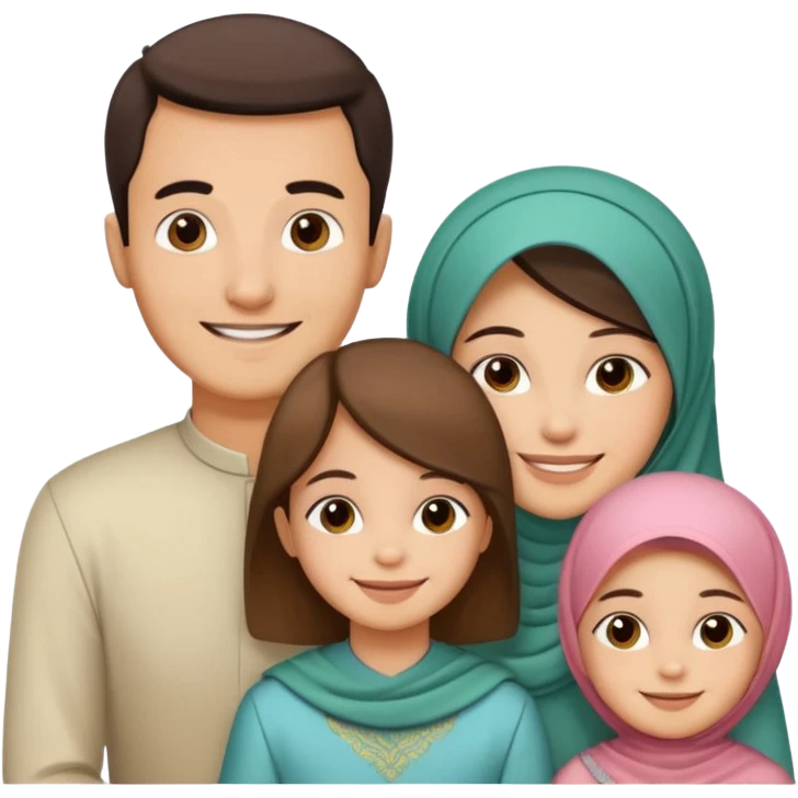Lebaran. Keluarga terdiri dari Ayah, ibu, dua anak laki-laki dan yang paling kecil seorang anak perempuan. Tulisan : Selamat Lebaran  emoji