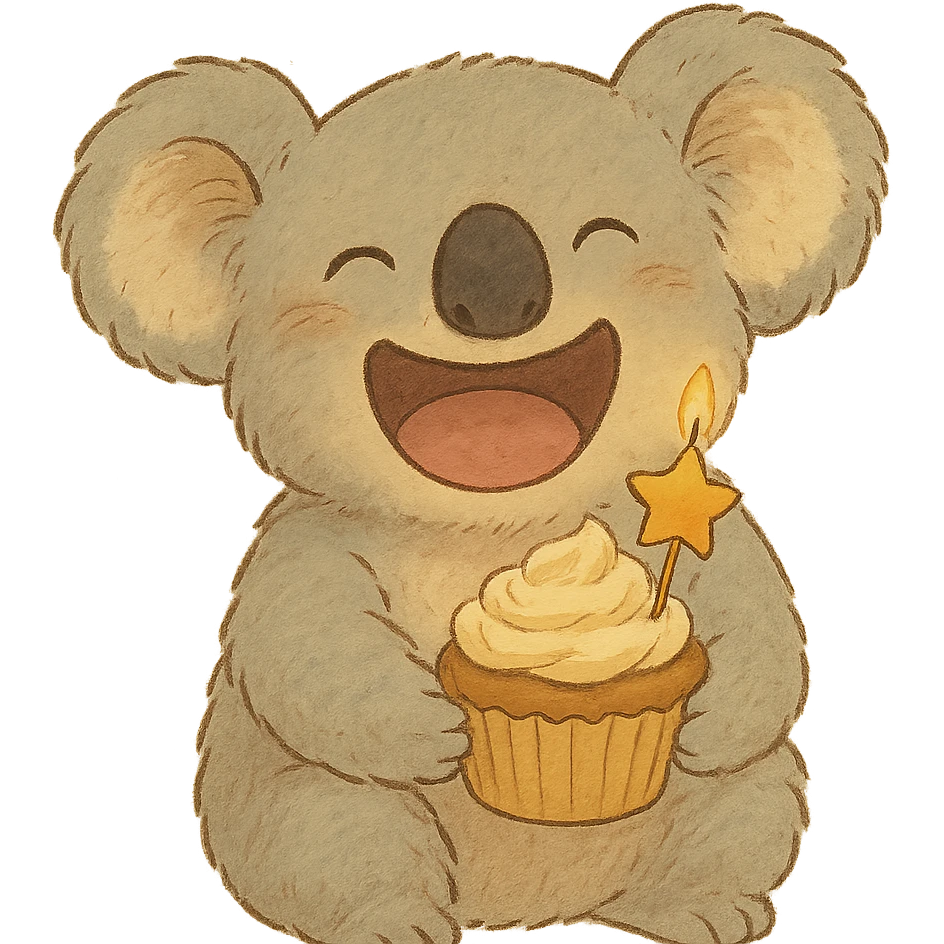 laughing koala holding cupcake with star candle, soft Ghibli style emoji