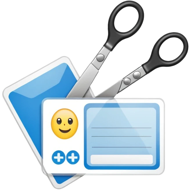 Scissors cutting ID card in 2 parts. Realistic emoji