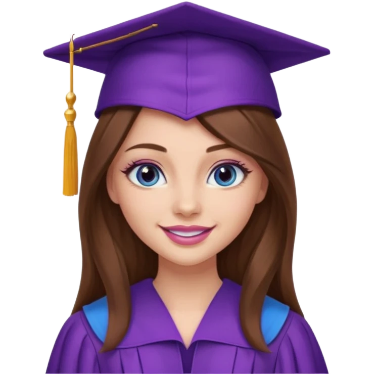 girl with gorgeous long brown hair, blue eyes, long lashes makeup, sexy pink lips, wearing a purple graduation cap and gown emoji