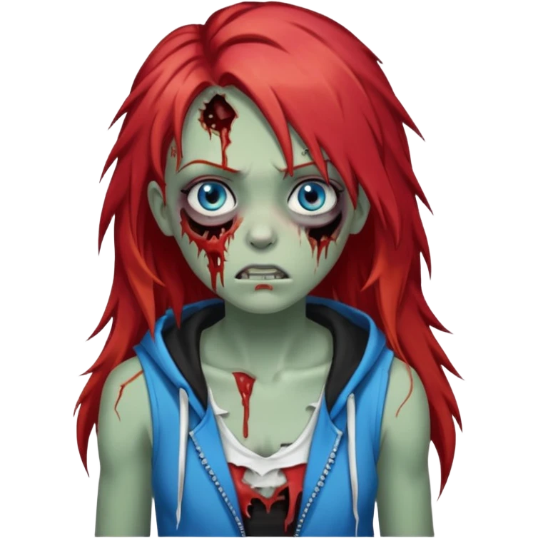 сделай рыжую девушку зомби с избитым лицом, не в полный рост, пусть ее рыжие волосы будут ниже груди с осветленными прядями, глаза у нее будут голубые, а одета она будет в дранную белую майку и черную зип худи emoji