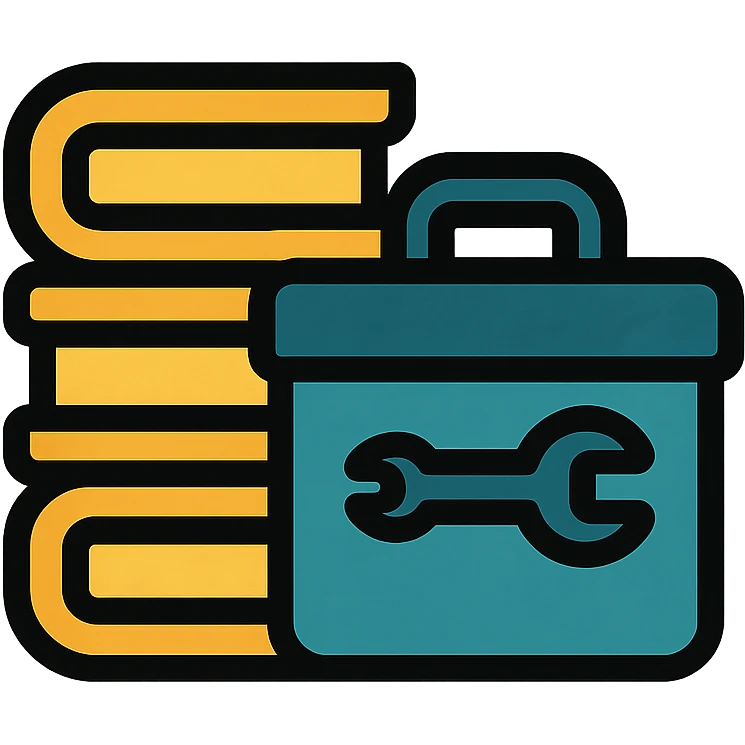 minimalist gray icon representing Resources with books, toolbox, or stack of files, worn and distressed look emoji