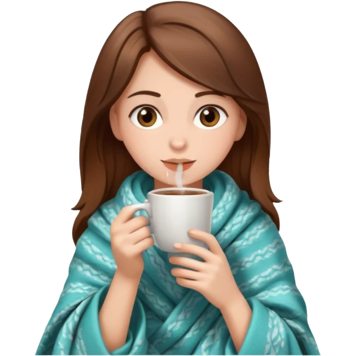 Brown hair Girl drinking coffee, with a cozy blanket emoji
