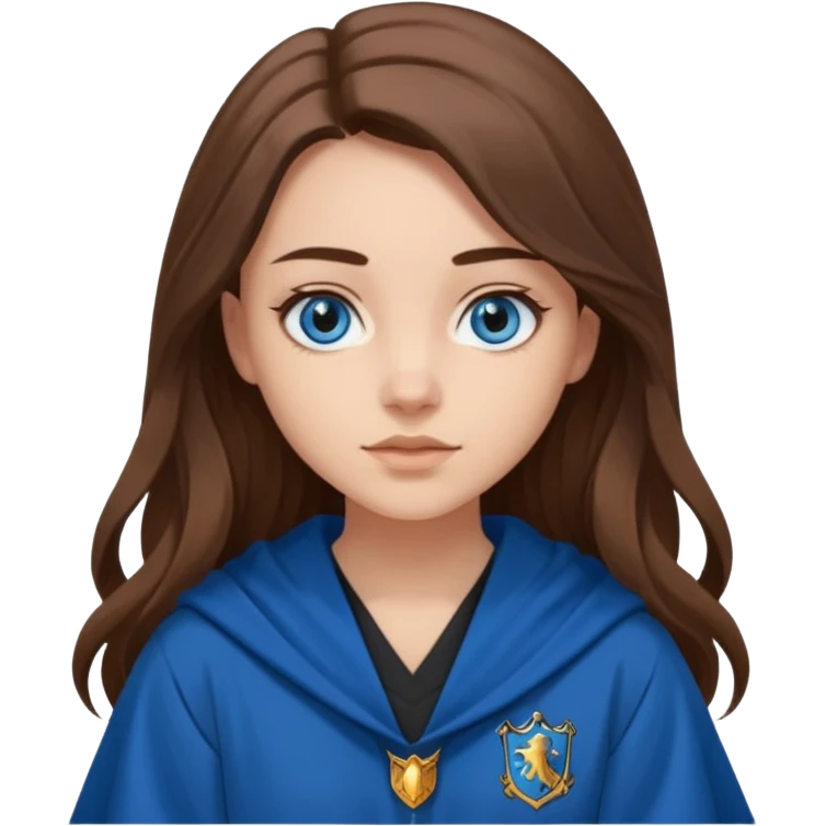 gorgeous Girl with light skin, blue eyes, long brown hair, wears ravenclaw black and blue robes  emoji
