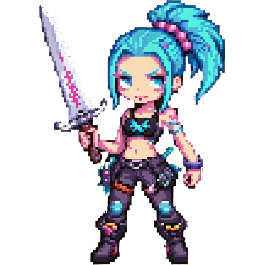 Jinx character from League of Legends with punk style and weapons emoji