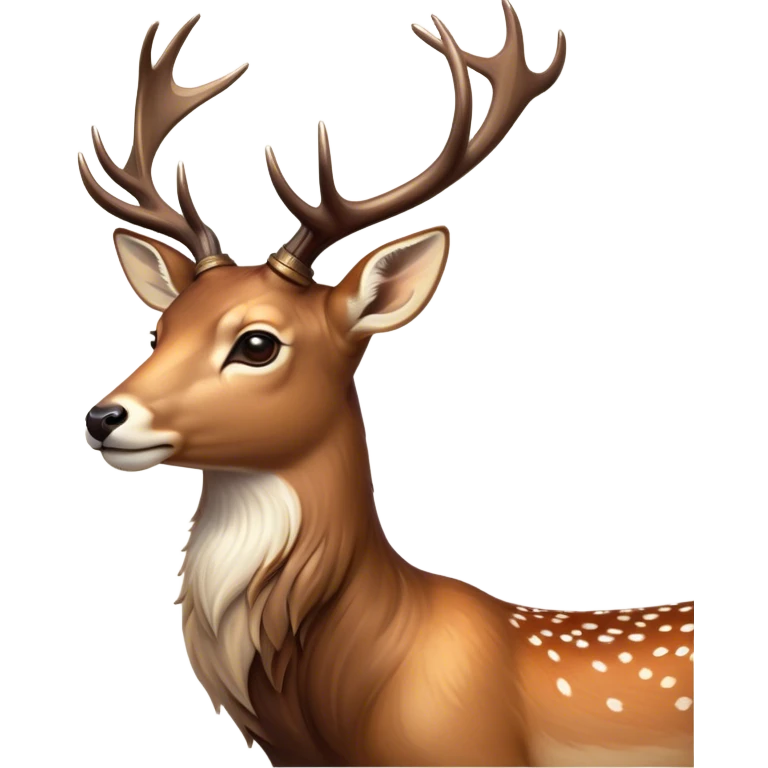 Cinematic Noble Deer Portrait Emoji, Poised and regal, with a graceful, slender build and a dappled Fur of warm browns and creams, elegant antlers crowning its head, deep-set soulful gentle eyes, Simplified yet sharp and sophisticated features, highly detailed, glowing with a soft, dignified glow, high shine, intelligent and serene, stylized with an air of forest majesty, focused and attentive, soft glowing outline, capturing the essence of a watchful woodland guardian, so majestic it feels as though it could gracefully leap out of the screen with effortless authority! emoji
