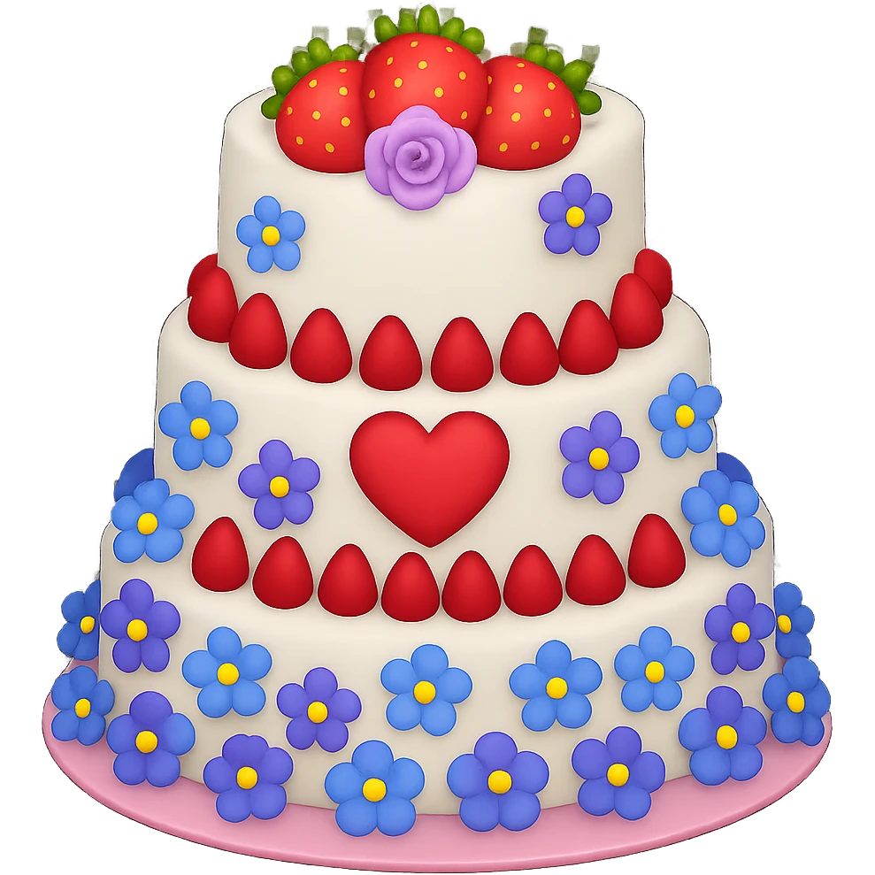 Replace the pink and white flowers with blue and purple flowers on the white wedding cake with strawberries and heart topper. The style should resemble emoji style with no background. emoji