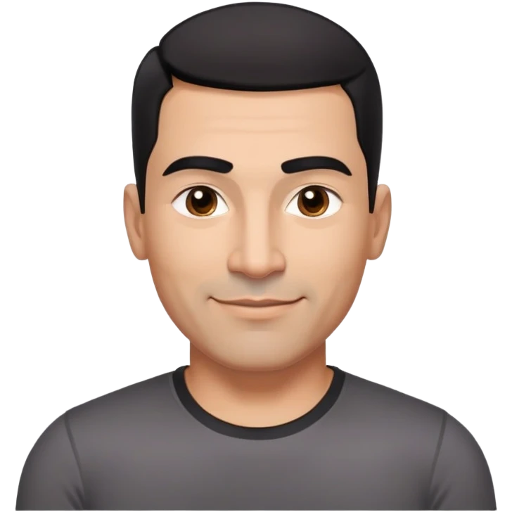 Athletic Hispanic man in his 40s-50s with light brown skin, very short black hair with low fade haircut, square face with strong jawline, thick straight eyebrows, wide straight nose, medium lips with confident smile, broad shoulders, wearing black fitted t-shirt emoji
