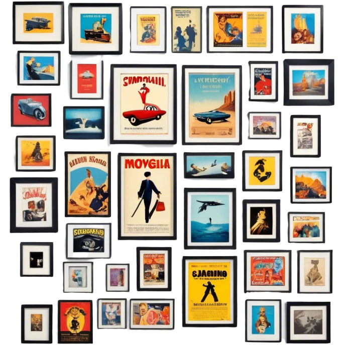 Icon for Photograph and Poster Collecting: a collection of photographs and movie posters, neatly displayed on a wall or in frames. The icon should evoke the nostalgia and artistic value of collecting rare images and posters. Transparent background. emoji