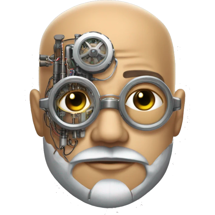 Tan bald male Latino cyborg head with grey beard, silver steampunk monocle goggles and circuits emoji