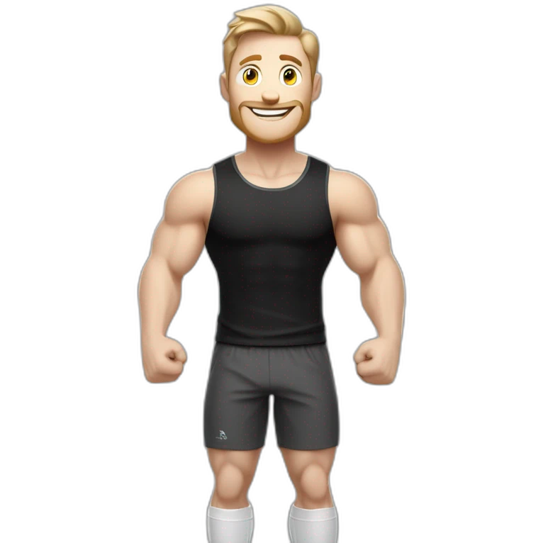 Joyful Celebrating victory Pale skinned Fit Man With the biceps and dark brown hair in black shirt, gray sports shorts and white Sneakers emoji