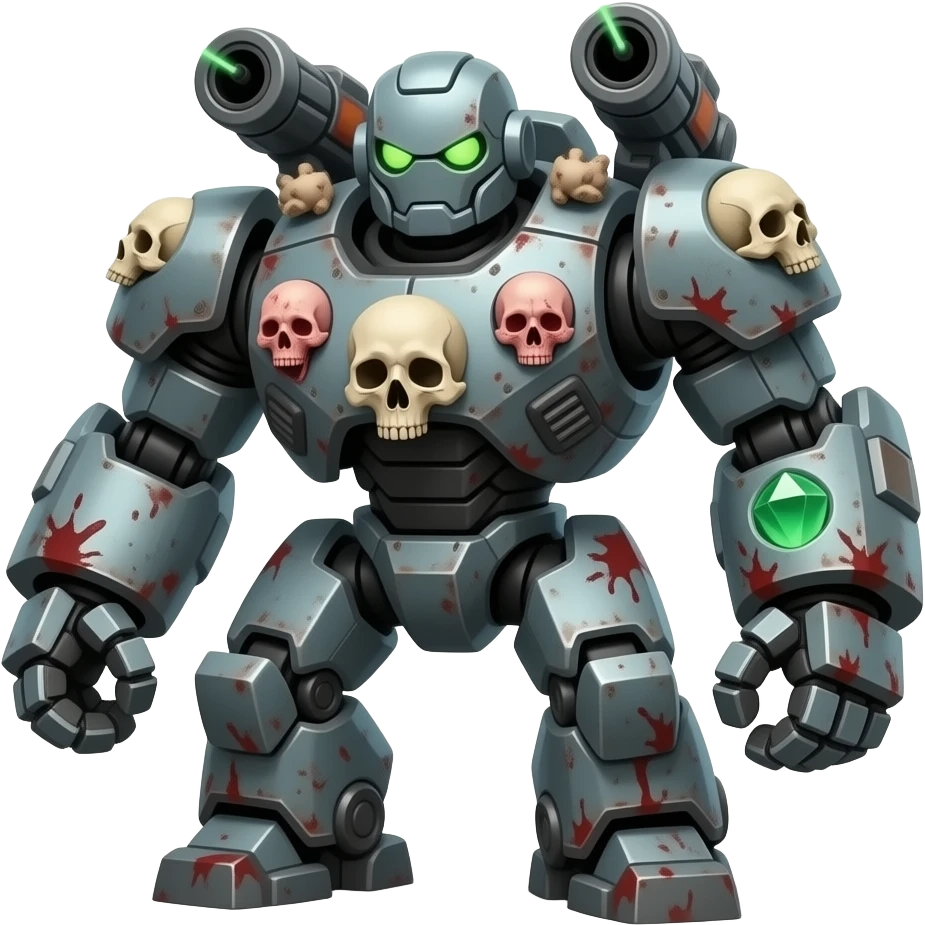 make a giant very scary robot with laser blasters on his back with small bits of blood and human flesh heads on his body with  have a skull head  and in the center of his lower arm put a green crystal in it emoji