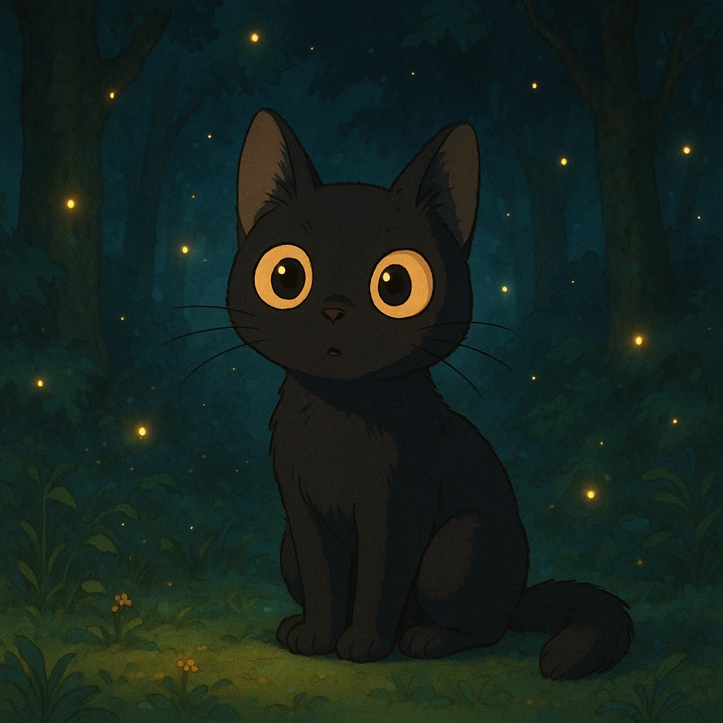 curious cat with big eyes and magical atmosphere in ghibli style emoji