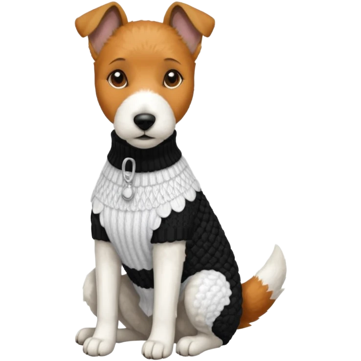 Fox terrier seduto in bianco e nero con vestitino in maglia emoji