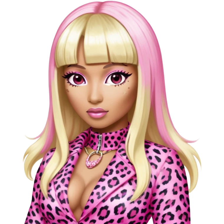 Nicki Minaj in pink and white leopard print outfit from Super Bass music video with bangs and split-dyed hair blonde on left side pink on right side emoji