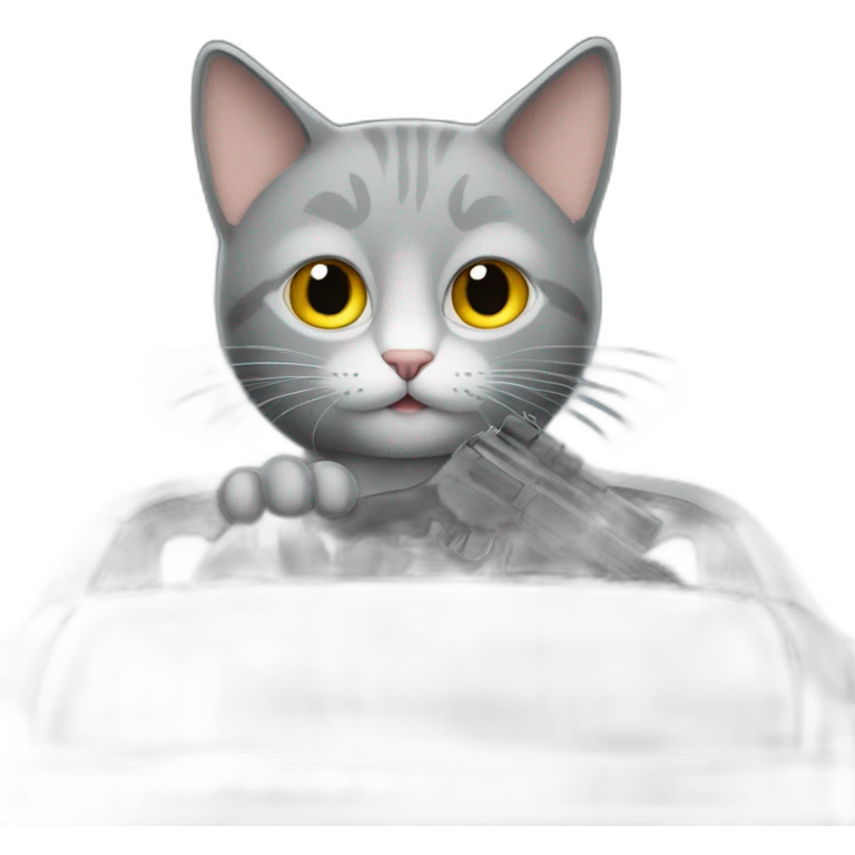 Grey cat in a car with-a-gun emoji