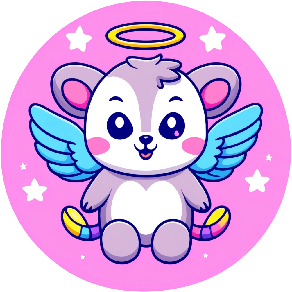 adorable possum with angel wings and halo, surrounded by stars and hearts, Lisa Frank colors emoji