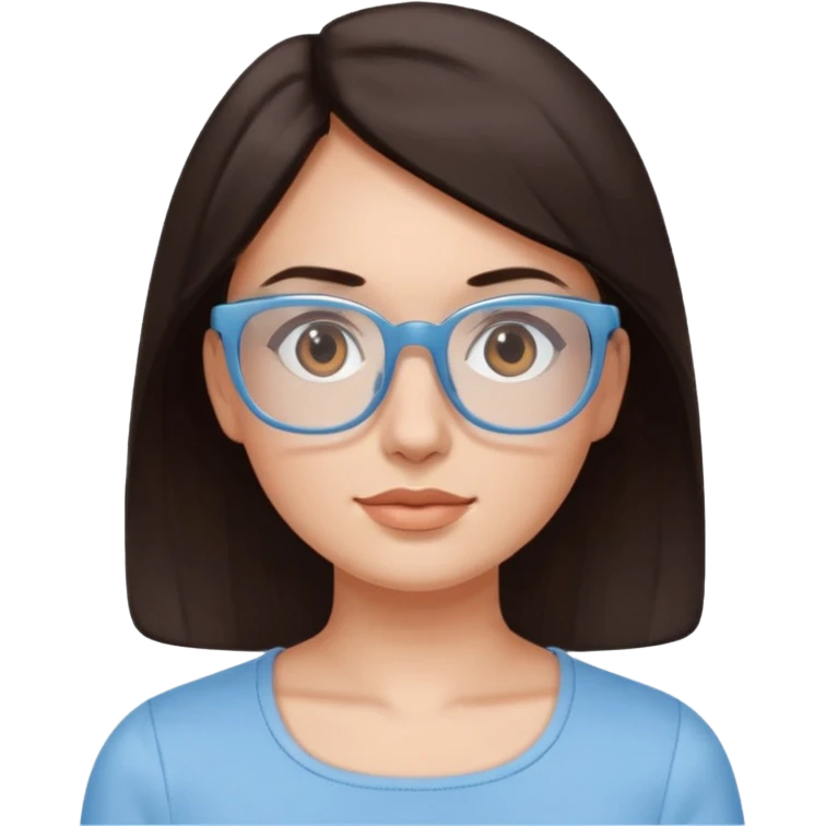mujer de 30 años, cabello marron oscuro, anteojos cuadrados BLANCOS, top celeste escote cuadrado, piel blanca, cara redonda emoji