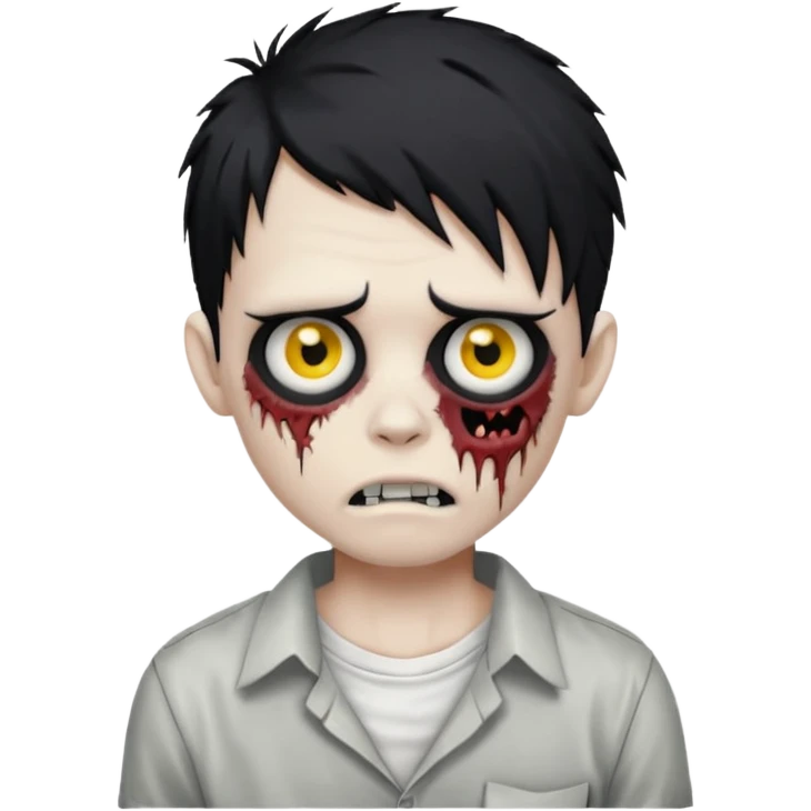zombie boy with messy black emo hair, white shirt, stitched mouth, classic emoji style emoji