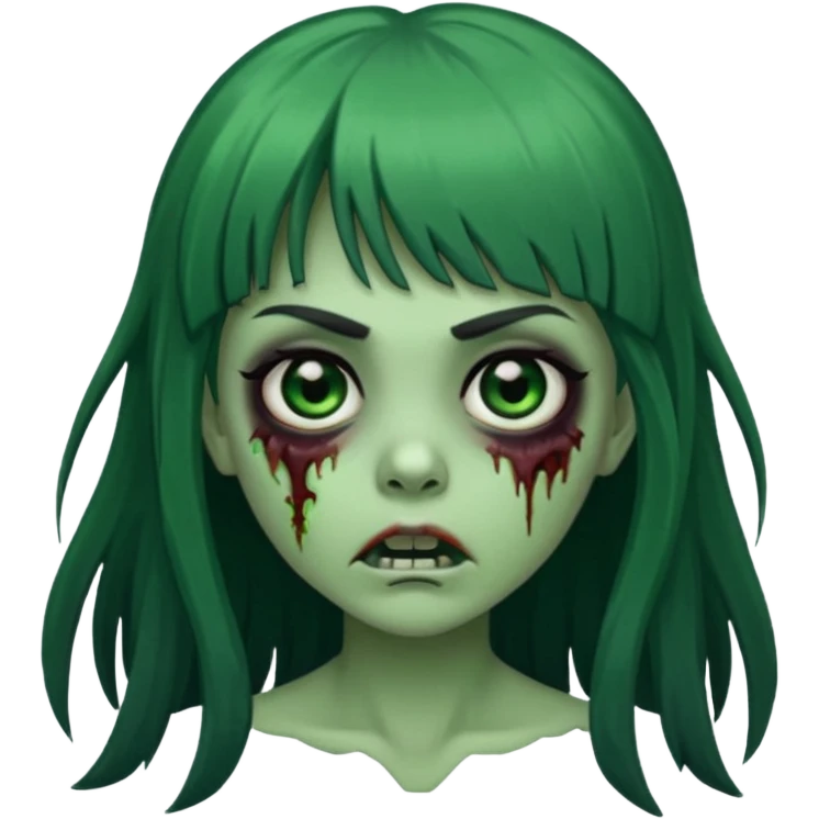 queria um emoji de zumbi verde de uma garota, olhos pretos, cabelos escuros e longos, com uma franja acima da sobrancelha  emoji
