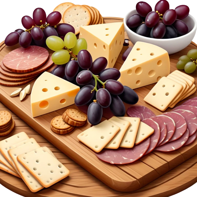 Delicious charcuterie board with assorted cheeses, meats, crackers, grapes, and olives arranged beautifully on a wooden board emoji