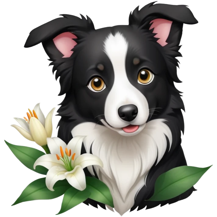 A cute  little  Black and white Border Collie and lily emoji