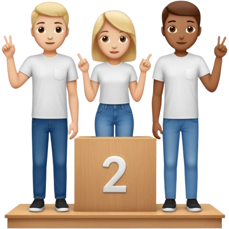show people on podium in first, second and third place.  The podium should be labled 2, 1, 3.  The middle position should only have the number 1.  the people should be dressed in relaxed clothes like jeans and t-shirts emoji