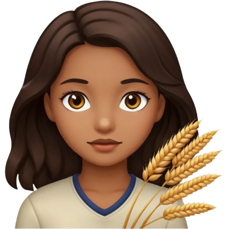 A girl with dark brown eyes and slightly wavy tips with dark brown hair flesh-colored wheat face emoji