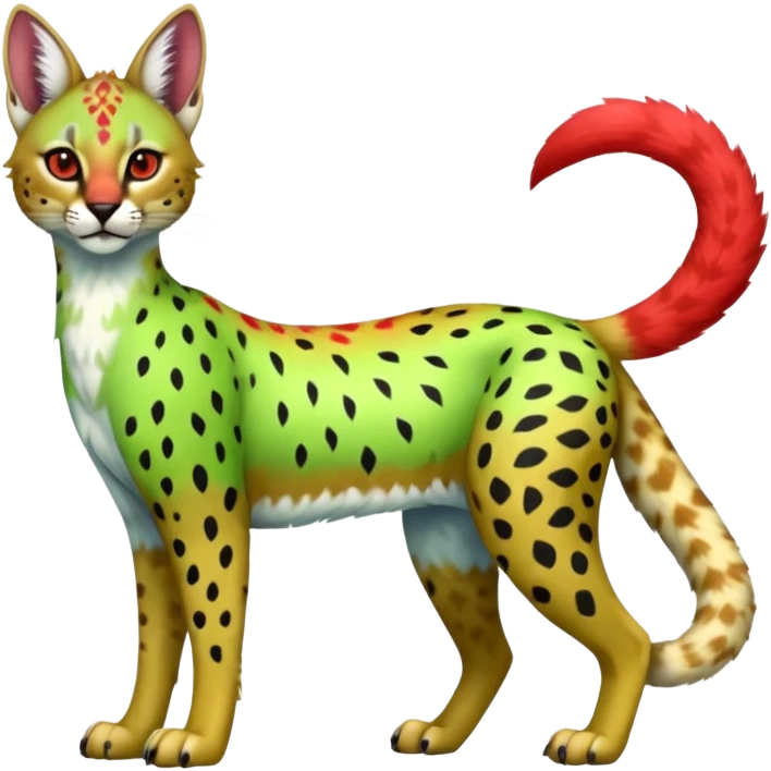 Colorful bluish cute adorable tropical exotic fruity kiwi-green lemony rosy neon-red Caracal-Cheetah-Serval-Snow-Leopard-Trico-Sergal-Vernid-fusion-hybrid-animal-creature, full body, with tribal markings emoji