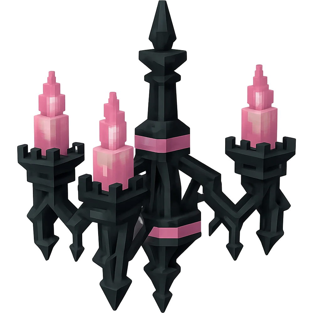 BLACKPINK-inspired gothic chandelier, angular and ornate, black and pink, no hearts, low poly 3D style emoji